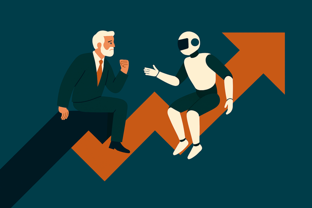 an illustration of a man sitting across from an anthropomorphic robot